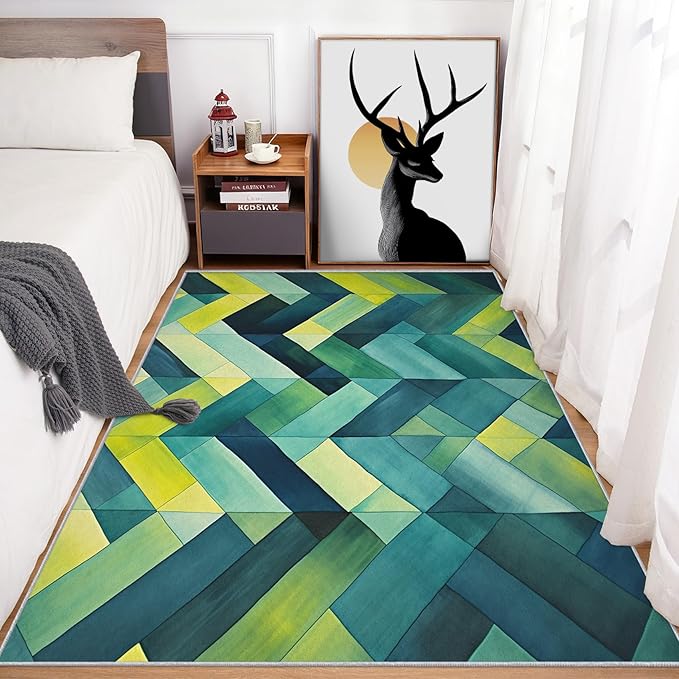 6x9 Geometric Zigzag Rugs for Bedroom Decor, Washable Green Chevron Pattern Area Rug, Living Room Home Decoration, Non Slip Soft Thin, Modern Abstract Geometry Decor Carpet PF-P 49