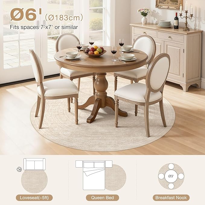 6ft Round Rug Living Room: Washable Large Vintage Neutral Area Rug Non-Slip Soft Stain Resistant Indoor Carpet for Bedroom Nursery Dining Room Under Table Bed Home House Office Playroom - Beige