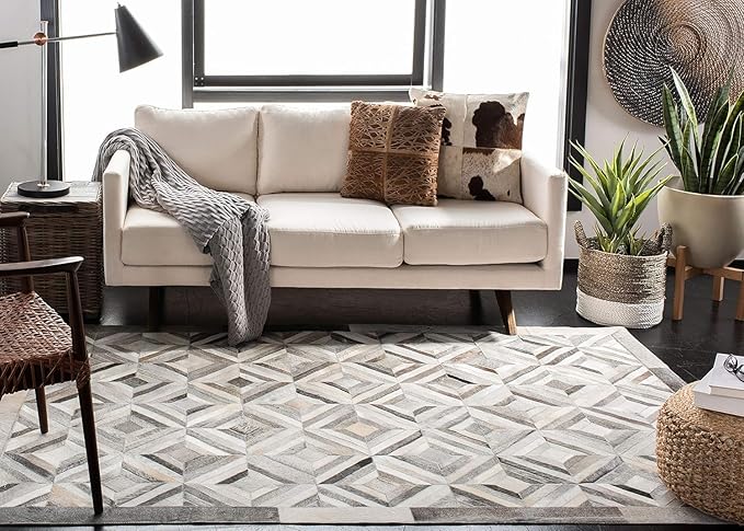Premium Diamond Pattern Leather Area Rug, Geometric Cowhide Patchwork Carpet - 2X3 ft, Luxury Beige and Grey Non-Slip Floor Accent for Dining Room, Living Room, Hallway
