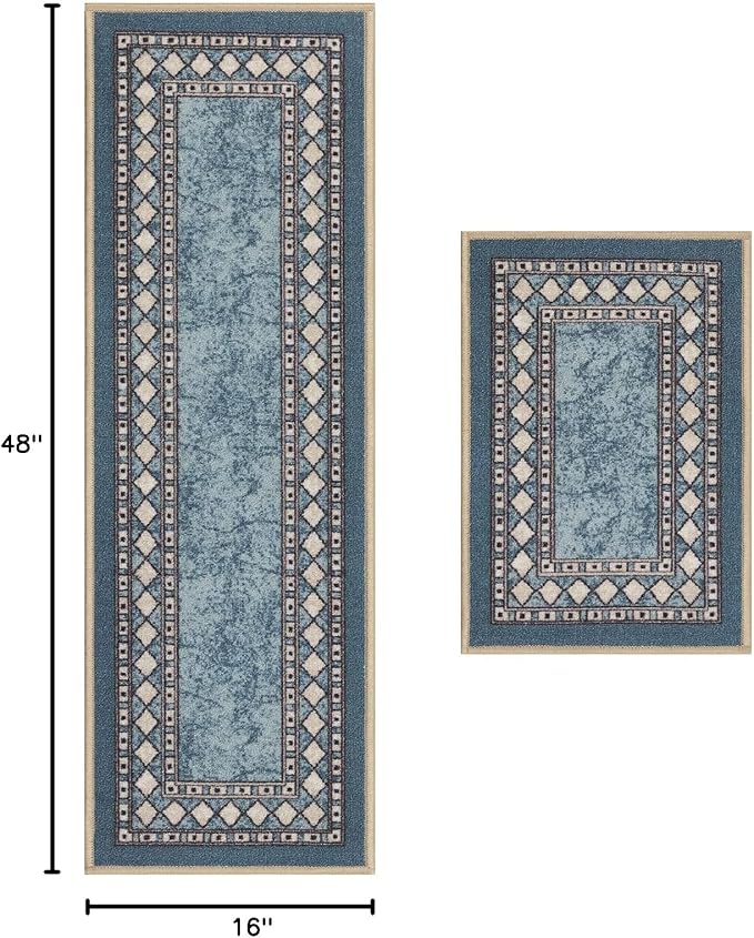 Antep Rugs Alfombras Modern Bordered 2pc Non-Skid (Non-Slip) Low Profile Pile Rubber Backing Indoor Kitchen Runner Rugs (Blue, 2pc Set)