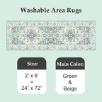 VK VK·LIVING Machine Washable Rug 2'x6' Vintage Design Washable Runner Area Rugs with Non Slip Rugs for Living Room Bedroom Traditional Woven Carpet Stain Resistant Dining Boho Rug, Green&Beige
