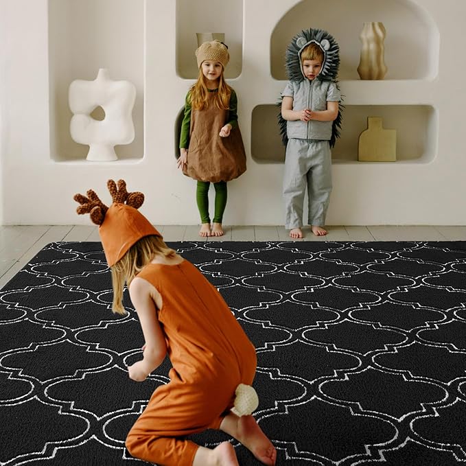 Amearea Fluffy Indoor Area Rug, Soft Trellis Moroccan Rugs for Bedroom, Shag Modern Area Rug for Living Room Kids Room Nursery, Easy Clean, Home Decor Low Pile Carpet, Black 6x9 Feet
