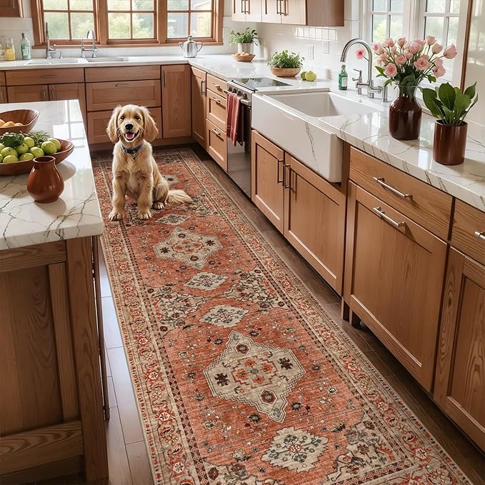 Tangsoo Boho 3x10 Runner Rug for Hallway Long Washable Hallway Runner Rugs, Non Slip Vintage Soft Low Pile Rug Runner, Oriental Terracotta 10ft Carpet Runners for Living Room Kitchen Bedroom Entryway