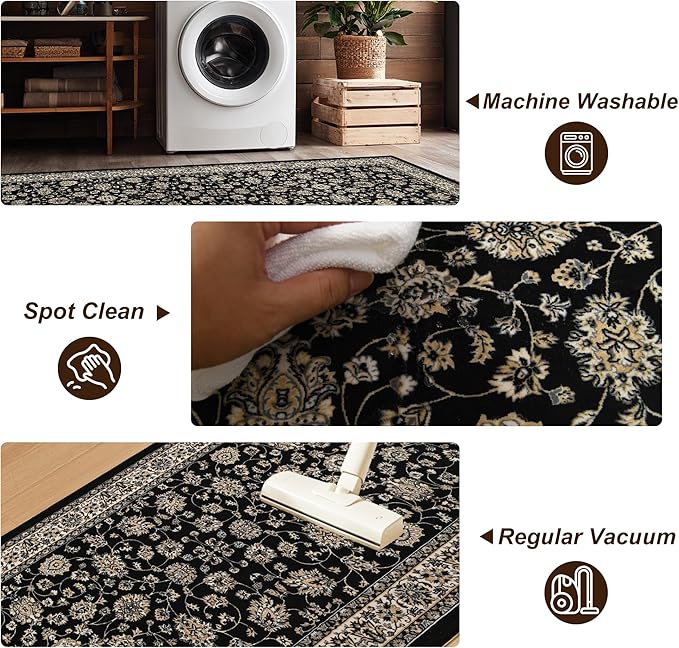 XWZO Washable Hallway Runner Rug 2x8ft — Non-Slip Low Pile Area Rug with Rubber Backing, Spill Resistant Soft Flower Floor Carpet Runner for Kitchen Entryway Doorway Bedroom Corridor, Black