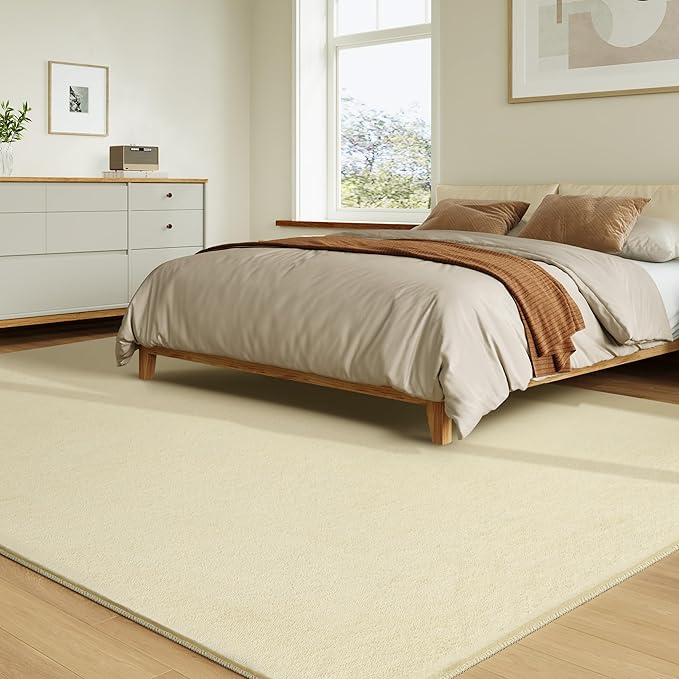 Solid Washable Area Rug - 10x14 Medium Pile Faux Cashmere Carpet for Living Room Bedroom, Light Yellow