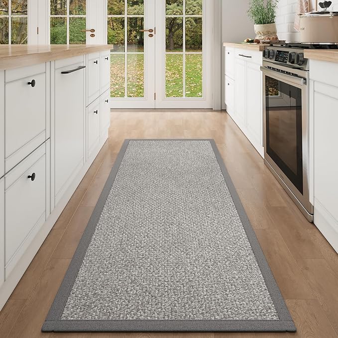 Washable Hallway Runner Rug 2x5 Jute Like Kitchen Runner Mat Rugs Non Slip, Woven Soft Entryway Farmhouse Runner Boho Floor Carpet for Indoor Laundry Hall Backdoor Bedroom Living Room, Grey
