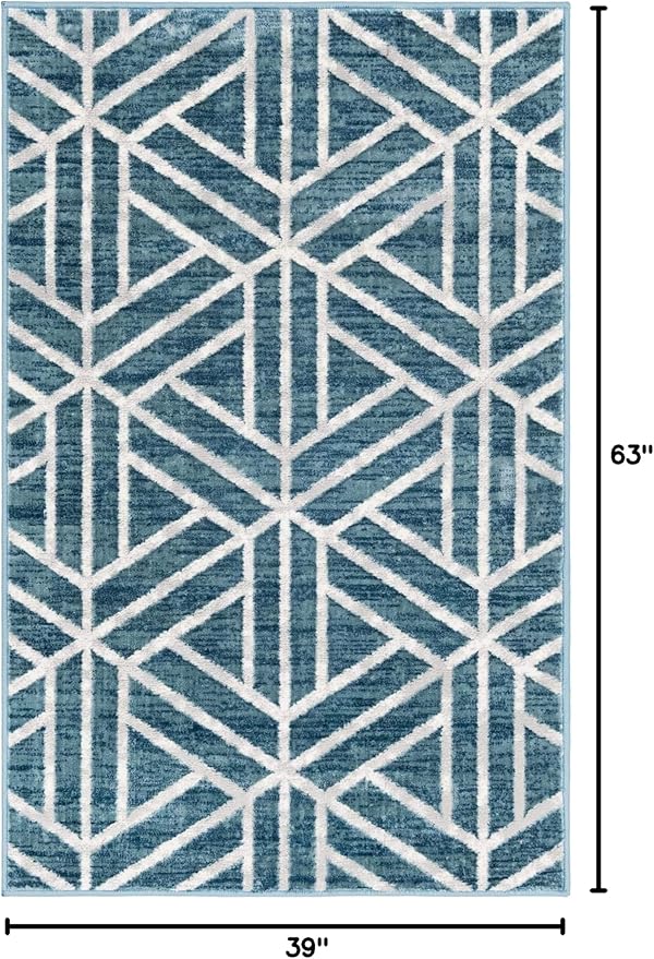 Rugs.com Lattice Trellis Collection Rug – 3' x 5' Blue Low-Pile Rug Perfect for Living Rooms, Large Dining Rooms, Open Floorplans