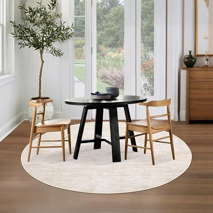 RUGSREAL Washable Round Rug 4x4 ft for Living Room Modern Round Rug Small Bedside Carpet with Rubber Backing Stain Resistant Small Entry Mat Neutral Circle Rug for Bedroom Nursery Home Decor, Beige