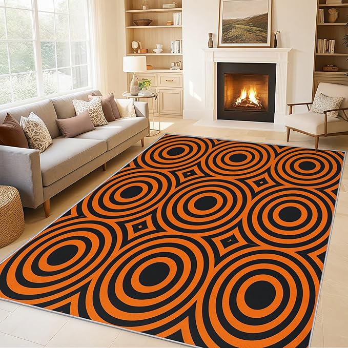 5x8 Geometric Circle Rugs for Bedroom Decor, Washable Retro 60s 70s Geometry Pattern Area Rug, Living Room Home Decoration, Non Slip Soft Thin, Black Orange Decor Carpet PF-P 49