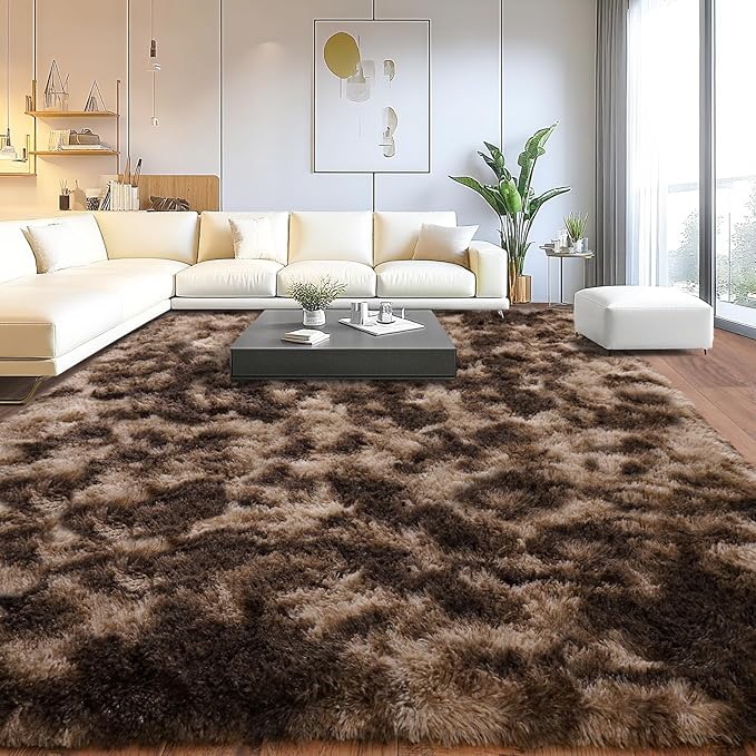 Extra Large Plush Rug High Pile Fluffy Rug for Living Room, Big Plush Non-Skid Shag Carpet, Soft Shaggy Rugs for Bedroom Indoor Modern Home Decor Tie Dye Coffee 9x12ft