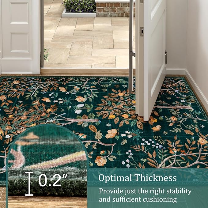 Morebes Boho Washable 5x7 Area Rugs, Dark Green Floral Rugs for Living Room Non Slip, Soft Botanical Indoor Floor Carpet for Kids Playroom Dining Room Bedroom Nursery Dorm