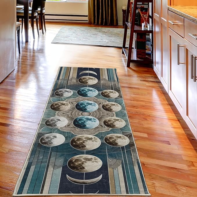 Ambesonne Lunar Art Decorative Rug, Oriental Bohemian Mandala with Moon Phase and Abstract Lines Modern, Quality Carpet Bedroom Dorm and Living Room, 2' 5" x 7' 5", Cadet Blue and Eggshell
