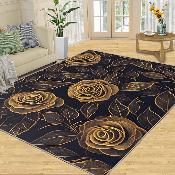 Rose Rugs for Bedroom - 4x6 Area Rug - Black Gold Flowers Rugs for Living Room, European Light Luxury Flowers Rug, Washable Home Decor Carpet