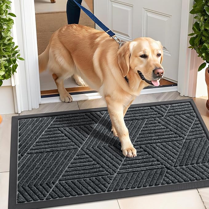 Kitinjoy Front Door Mat Outside Entrance, Sturdy Natural Dirt Trapper, Heavy Duty Rubber Doormat, Low Profile Non-Slip Backing, Easy Clean Floor Mat for Indoor Outdoor Entry, 47X23 Inch, Grey