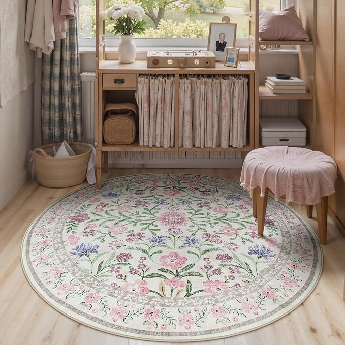Wonnitar Floral Washable Round Rugs 6ft, Purple Circle Rugs for Bedroom Girls Dorm, Ultra-Thin Non Slip Boho Carpet for Nursery Girls Room Decor Living Room Playroom, Light Purple/Pink
