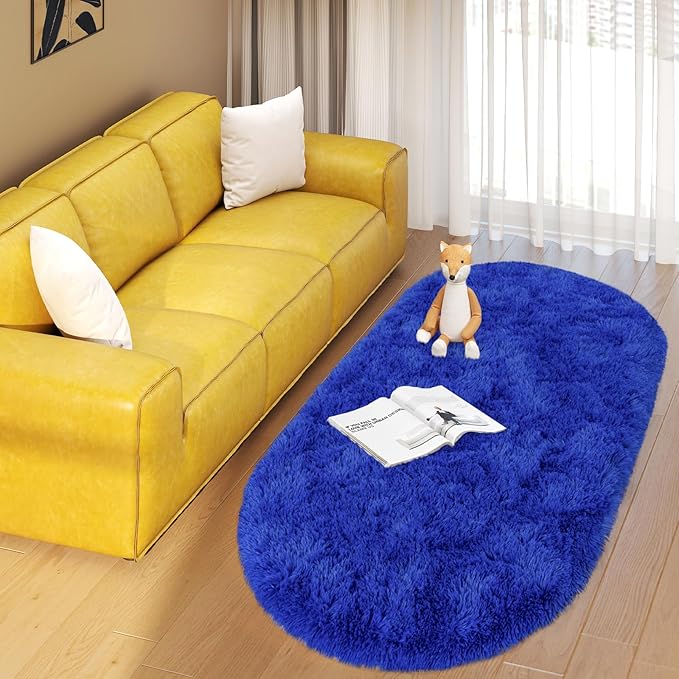 Soft Fluffy Area Rug for Bedroom, Blue Fuzzy Shaggy Oval Throw Rugs for Bedside, Non-Slip Cozy Plush Shag Carpet for Boys Kids Room Nursery Dorm Living Room, 2.6 x 5.3 Feet