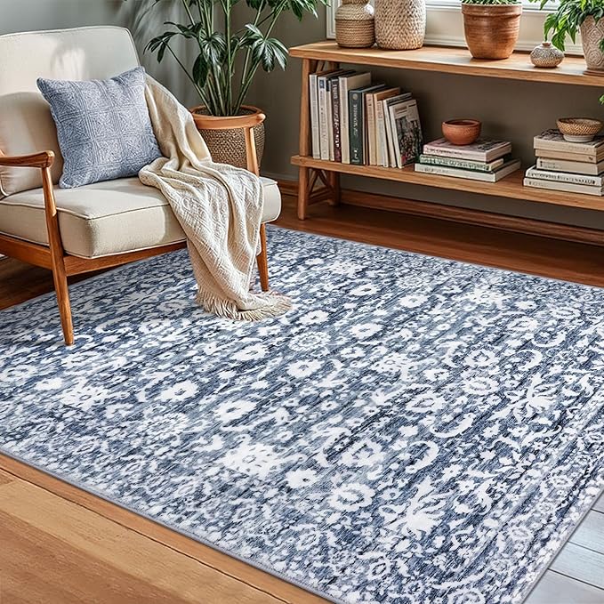 Vintage Floral 3x5 Rug, Light Blue White Entryway Rug Small Area Rug Washable Non-Slip Throw Rug, Thin Printed Faux Wool Low-Pile Kitchen Rugs Super Soft Capet for Entrance Bedroom Office