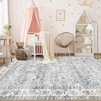 Area Rug 6x9 Living Room Rug, Machine Washable Vintage Distressed Boho Area Rug Non-Slip Soft Low Pile Large Indoor Rugs for Bedroom Kitchen Dining Room Office(Light Blue,6'x9')