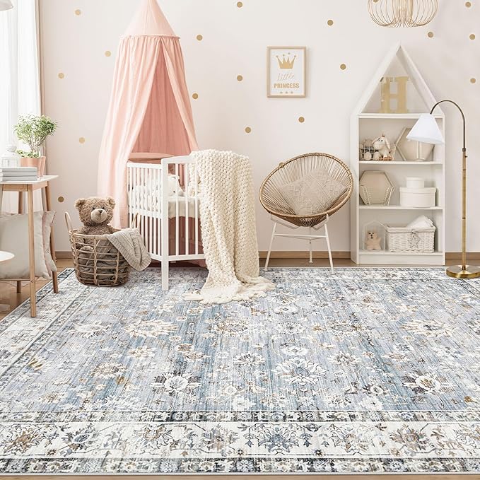 Area Rug 5x7 Living Room Rug, Machine Washable Vintage Distressed Boho Area Rug Non-Slip Soft Low Pile Large Indoor Rugs for Bedroom Kitchen Dining Room Office(Light Blue,5'x7')