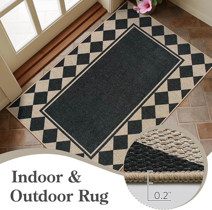 Moynesa Easy Jute Hallways Runner Rugs Washable 2.5x8 Entryway Rug Runners for Kitchen Black Checkered Indoor Outdoor Carpet for Entryway Patio, Diamond Grid Mat for Bathroom Bedroom Laundry
