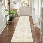 2x6 Hallway Washable Runner Rug Vintage Non-Slip Soft Kitchen Mat Boho Medallion Distressed Farmhouse Carpet Floral Low Pile Indoor Throw Rug for Entryway Bathroom Living Room Bedroom, Beige