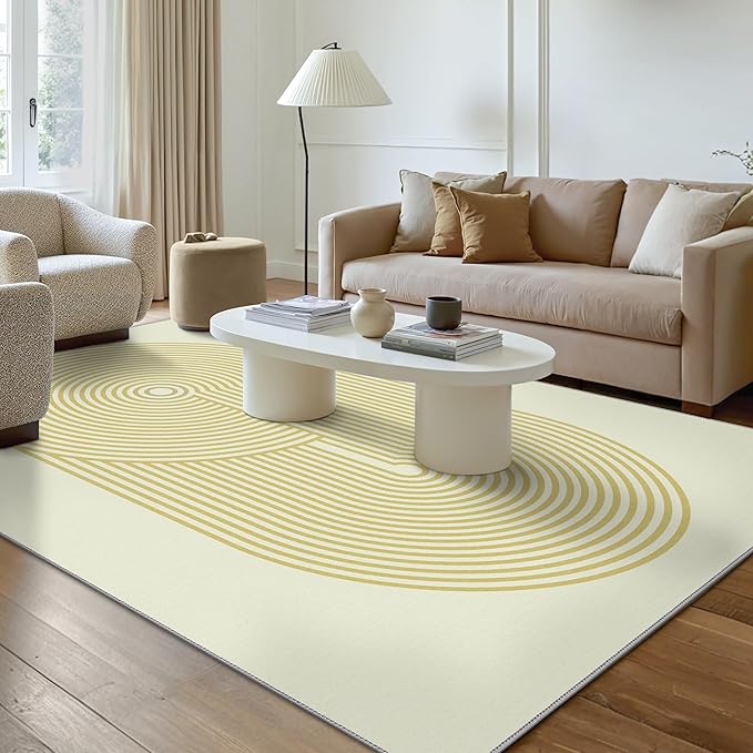 Bavni Area Rugs 8x10, Modern Soft Bedroom Rug, Machine Washable Rug Non Slip, Indoor Low Pile Large Rugs for Living Room, Dining Room, Beige Yellow Lines