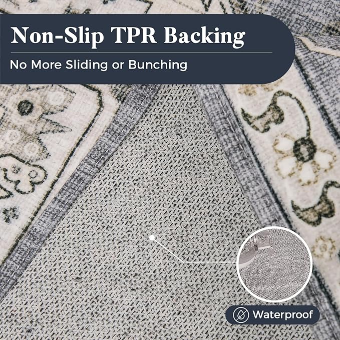 PURRUGS Vintage Farmhouse Boho Runner Rug 2x6 ft, Non-Slip Machine Washable Rug, Accent Oriental Area Rug for Kitchen, Hallway, Entryway, Bedroom, Living Room & Dining Room, Periwinkle Gray/Soft Ivory