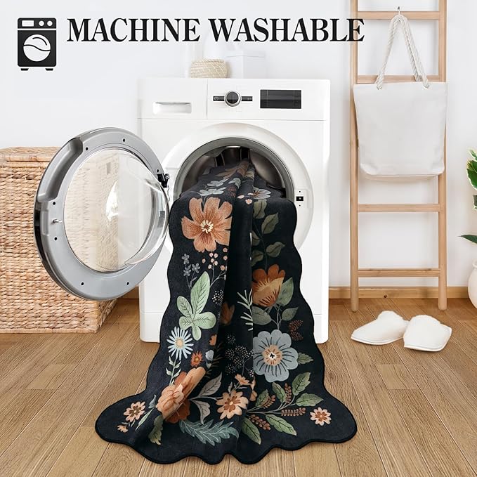Lahome Floral Machine Washable Rug, 3x5 Rug Non Slip Soft Bedroom Rugs for Entryway Dorm, Ultra-Thin Boho Rugs for Living Room Stain Resistan Throw Carpet for Nursery Entrance, Black/Grey
