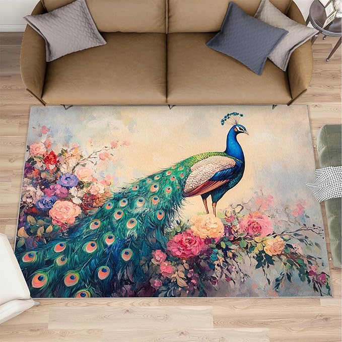 Peacock Peony Rug 2x3-2x3 Rug, Classic Peacock Peony Area Rugs for Bedroom, Teal Turquoise Rugs for Living Room, Peafowl Washable Mat, Malachite Green Feather Carpet - Peafowl Home Decor & Gifts