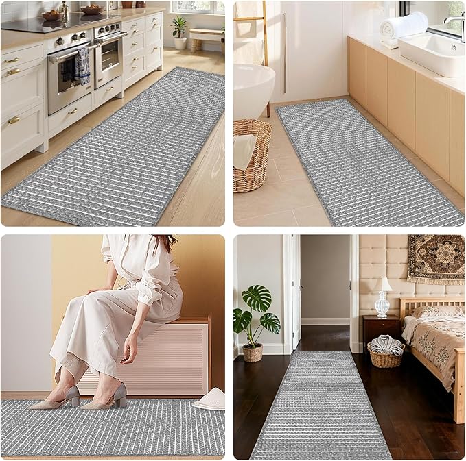 Grey Runners for Kitchen 24"x60" Non Slip Braided Long Bathroom Runner,Washable Boho Kitchen Mats for Floor,Luxury Hallway Runner Rug,Floor Carpet for Indoor,Backdoor Living Room