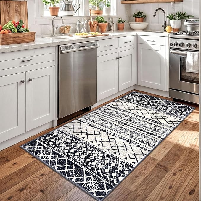 KUTA Boho Moroccan 3x5 Rugs for Entryway, Black Non-Slip Washable Low-Pile Living Room Area Rug, Ultra Soft Distressed Geometric Print Throw Carpet for Entrance, Bedroom, Nursery, Dorm, Kitchen