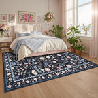GarveeHome Washable Area Rug 9 x 12 for Living Room, Non-Slip Soft Vintage Rug, Low Pile Farmhouse Floral Carpet, Non-Shedding Indoor Foldable Printed Rugs for Bedroom, Dark Grey Blue