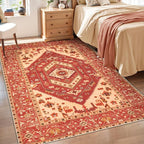 SERISSA Area Rug 3x5 Boho Rugs for Bedroom, Washable Non-Slip Living Room Rug, Ultra Soft Print Distressed Vintage Red Beige Rug Low-Pile Throw Carpet for Entry Kitchen Bedroom Nursery Dorm Decor