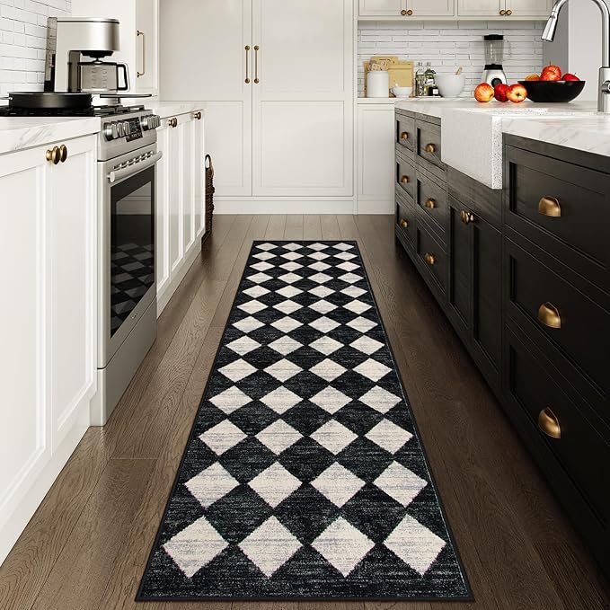 Lahome Checkered Washable Rug Runners for Hallways Non Slip,2x10 Black Kitchen Bathroom Runner Rug,Trellis Low Pile Indoor Carpet Runner for Bedroom Entryway Foyer(2'x10',Black)