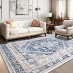 zesthome 4x6 Rug - Stain Resistant Washable Rug, Anti Slip Backing Rugs for Living Room, Foldable Vintage Small Area Rugs (Blue/Beige,4'x6')
