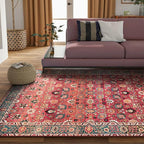 vivorug 9x12 Area Rugs for Living Room, Non Slip Machine Washable Vintage Red Floral Rug, Ultra-Thin Lightweight Large Area Rug for Bedroom, Dining Room, Low Pile