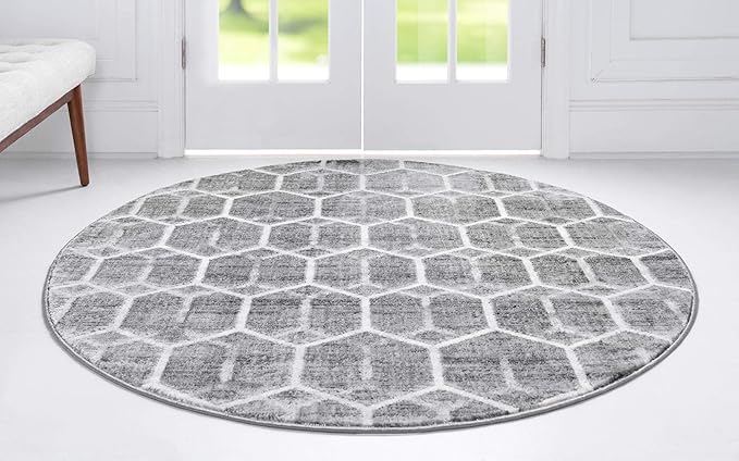 Rugs.com Lattice Trellis Collection Rug – 3 Ft Round Gray Low-Pile Rug Perfect for Kitchens, Dining Rooms