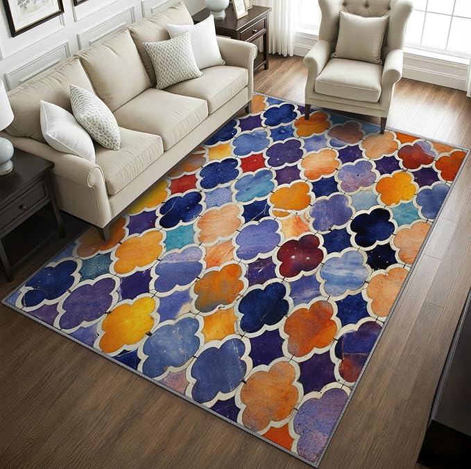 Moroccan Rugs for Living Room -Moroccan Trellis Rug, 6x8 ft, Colorful Geometric Washable Rugs for Living Room, Oriental Tile Area Rug for Bedroom, Traditional Patchwork Home Decor & Gifts