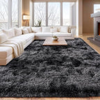 Tie-Dyed Black Grey Shaggy Rugs Fluffy Carpets, Indoor Modern Plush Area Rugs for Living Room, Upgrade Anti-Skid Area Rug, Rectangular 9x12 Feet Fuzzy Rug for Nursery Home Decor