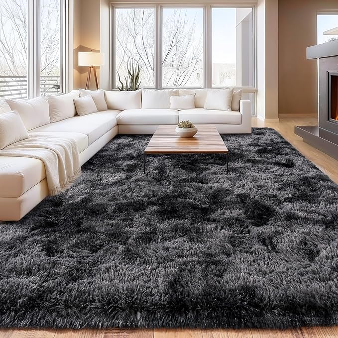 Shaggy Area Rugs, Fuzzy Rugs for Living Room, Soft Nursery Area Rug for Girls, Tie Dye Black Gray Plush Area Rugs Non Slip, Fluffy Rug Carpet 8x10ft