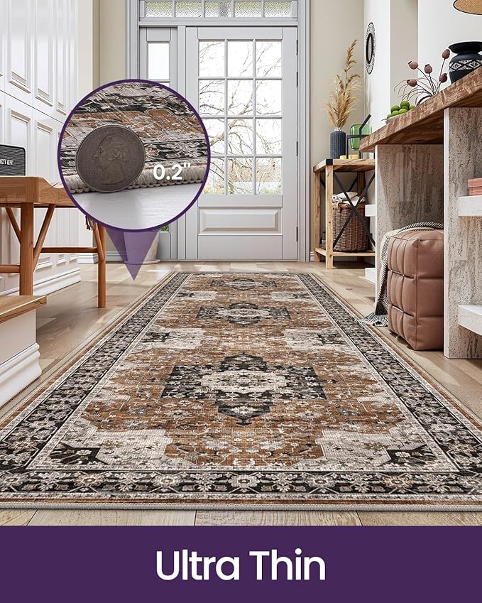 DEXI Hallway Runner Rug 3x8, Distressed Non Slip Runners Carpet, Boho Vintage Soft Thin Indoor Rug, Stain Resistant Washable Entry Mat for Entryway Kitchen Laundry Room Living Room, Brown