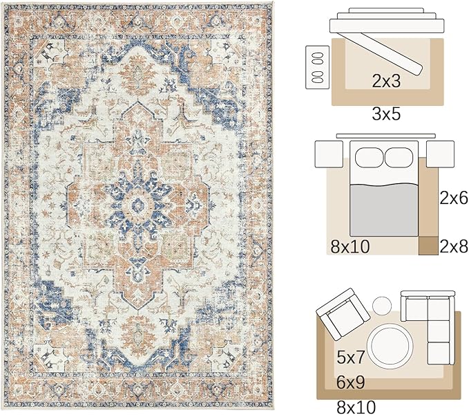 jinchan Kelda Area Rug 5x7 Washable Bedroom Rug Vintage Indoor Floor Cover Distressed Lightweight Non-Slip Low Pile Thin Mat Accent Stain Resistant Carpet for Living Room Dining Room Office Orange