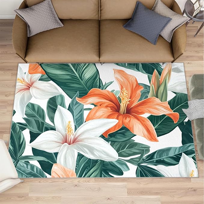 Lily Flowers Rugs for Bedroom - 4x5 Area Rug - Abstract 3D Flowers Rugs for Living Room, Tropical Plants Rug, Washable Home Decor Carpet