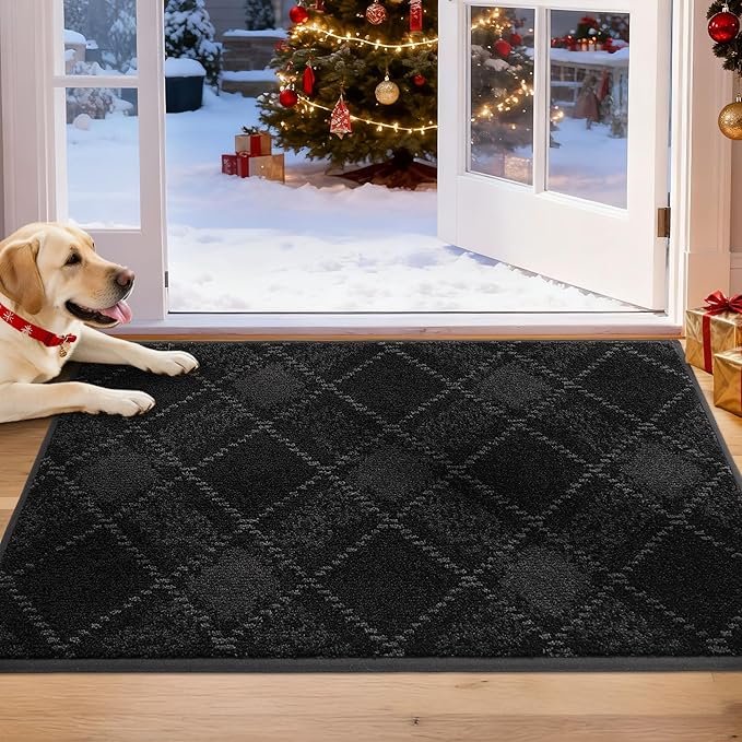 COSY HOMEER Plaid Door Mat 20" x 32",Dirt Trapper Entryway Rugs,Non-Slip Washable Farmhouse Doormat,Low Profile Welcome Mats for Paws Black