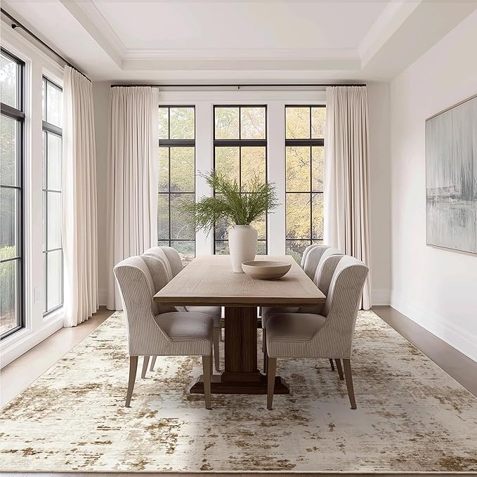 FMFUNCTEX 10x12 Washable Abstract Area Rug Brown Beige Neutral Modern Large Non Slip Carpet for Living Room Bedroom Soft Accent Low Pile Indoor Mat Accent Throw Rug for Dining Kitchen Office Nursery