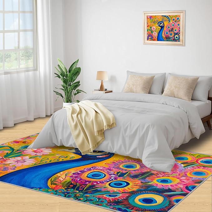 Peacock Rugs for Living Room - 2x3 Rug, Boho Floral Botanical Area Rugs for Bedroom, Wonderful Peacock Rug, Peafowl Washable Carpet, Floral Animal Carpet - Peafowl Home Decor & Gifts