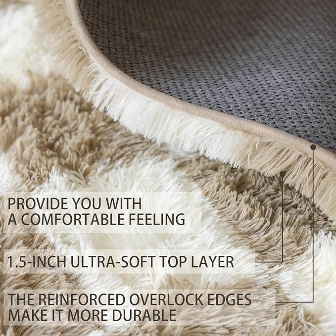6x9 Area Rugs for Living Room Bedroom, Soft Fluffy Shaggy Bedside Rug, Indoor Floor Carpet for Kids Playroom, Dorms, Nursery Rooms, Home Decor (Camel & White 6'x9')