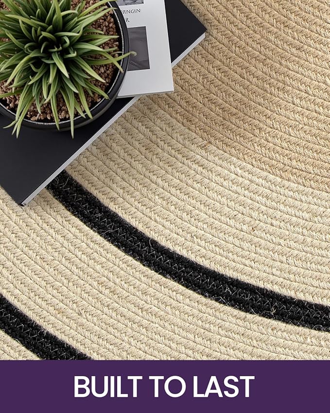 DEXI Round Jute Rug Natural Fiber 6x6, Braided Woven Area Rugs No Shed, Large Soft Neutral Rustic Carpet Mat for Indoor Outdoor Patio Dining Living Room Bedroom Farmhouse, 6ft, Ivory/Black