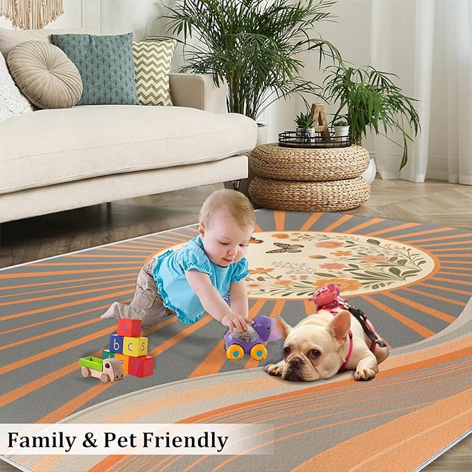 Boho Sun Area Rugs 4x6ft, Minimalist Line Carpet for Bedroom, Geometric Solar Rug for Living Room Easy to Clean for Indoor Outdoor Hardwood Floors Home Decor