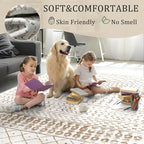 8x10 Machine Washable Area Rug for Living Room, Brown White Vintage Moroccan Rug Large Non-Slip Low Pile Soft Faux Wool Carpet, Kids and Pets Friendly for Bedroom Dining Room Farmhouse Home Decor Rug